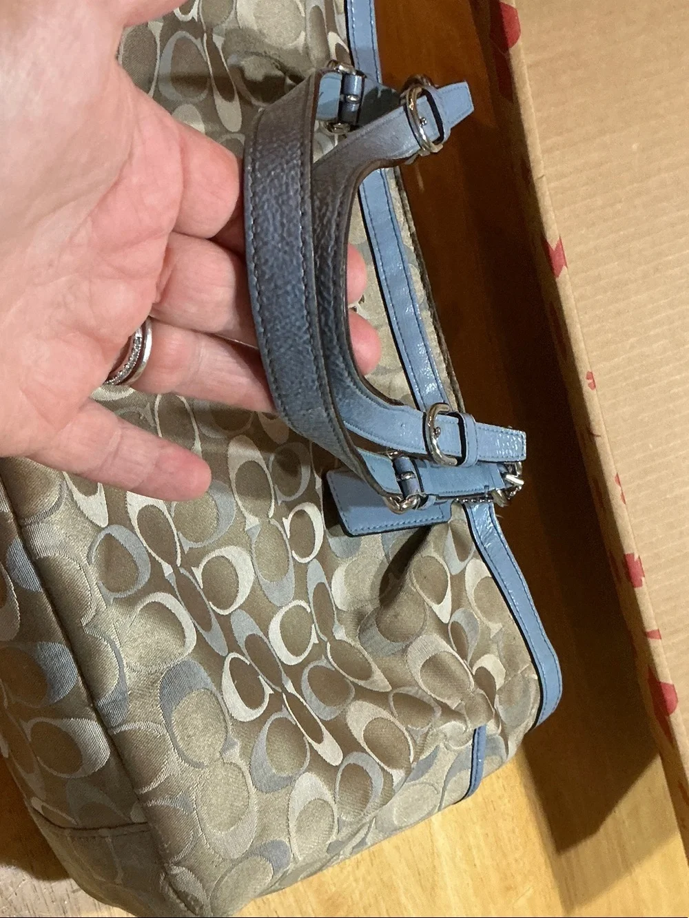 Coach Signature Canvas Tote with Light Blue Trim